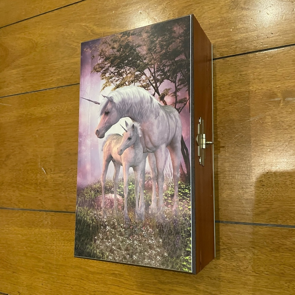 Wooden Jewelry/Trinket Box with unicorns pictured on the top